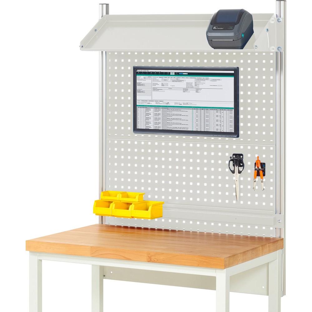 Product afbeelding: Werkbankopbouw RAU, hxbxd 1.130 x 1.000 x 350 mm, met 1 kantelbaar metalen legbord, 1 draagrail en 1 flatscreenhouder, complete set 02 voor productbreedte 1.000 mm