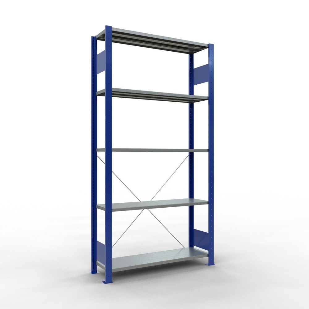 Productafbeelding nr. 1: Legbordstelling SCHULTE, gentiaanblauw / verzinkt, met 5 legborden van plaatstaal, vaklast 150 kg, hxbxd 2.000 x 1.060 x 336 mm