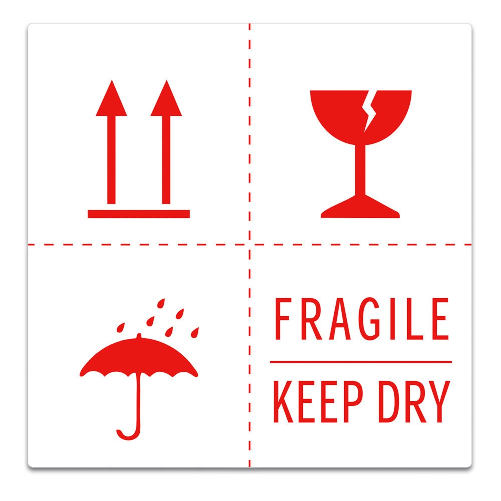 Product afbeelding: Stickers "Fragile + Keep dry + paraplusymbool + pijl naar boven", b x l 100 x 100 mm, 1.000 stuks/verpakkingseenheid