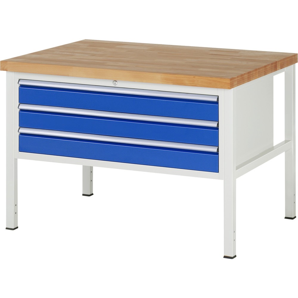 Product afbeelding: Werkbank RAU serie 8000, hxbxd 840-1.040 x 1.250 x 900 mm, 3 x voor 90% uittrekbare lades, 3 x 120 mm, draagvermogen lade 50 kg
